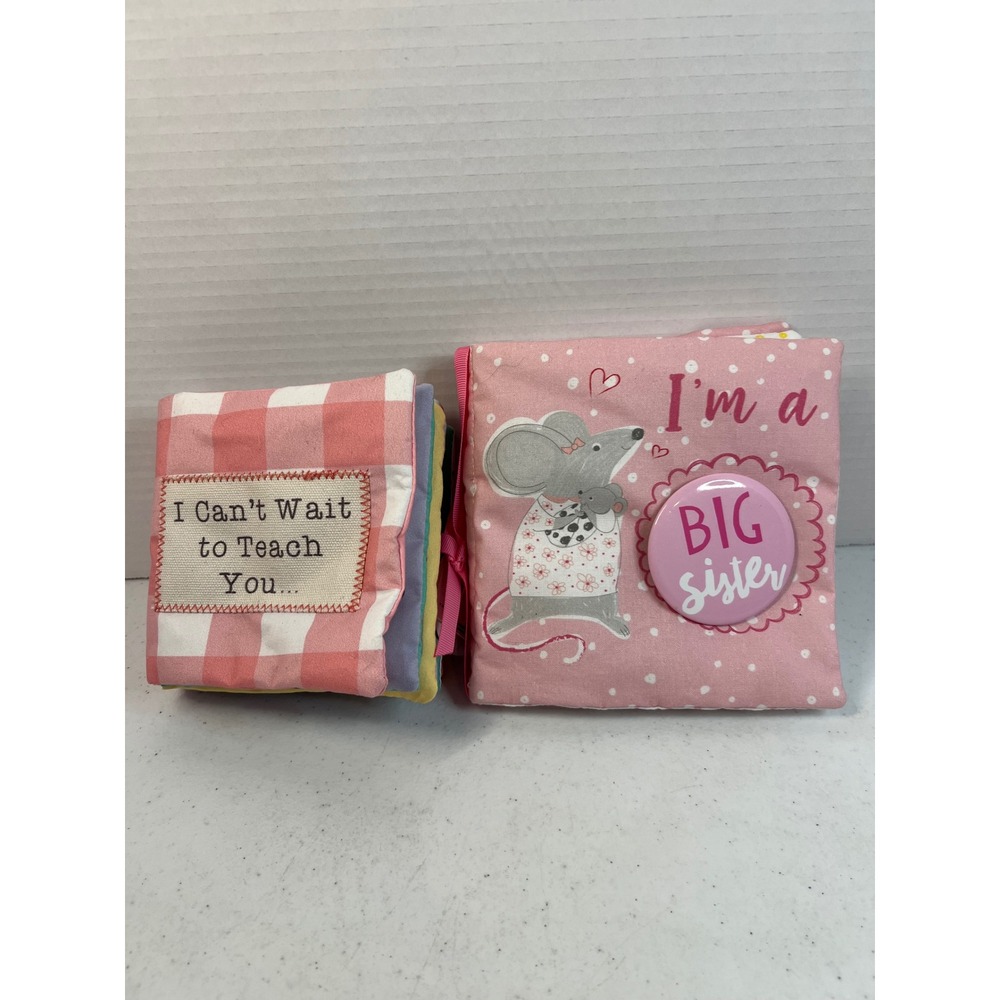 Mud Pie Big Sister Soft Fabric Baby Book Set Pink Gingham Mouse Photo Sleeve